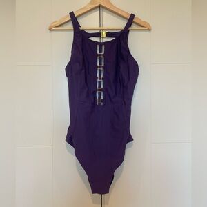 Amoressa Purple Plum One-Piece Swimsuit Gold Details Size 10